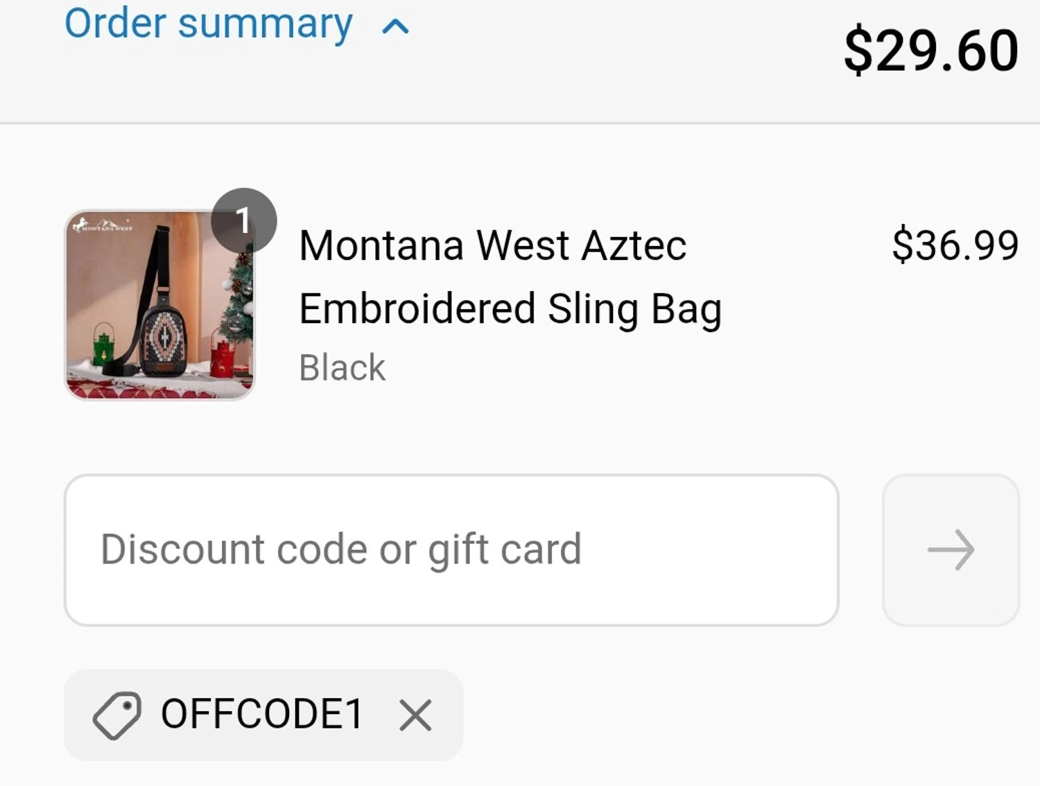 Cowgirl Wear discount code screenshot showing code offcode1 applied at Cowgirl Wear checkout page. Uploaded by SimplyCodes community member RebateAdmiral9697 on Jul 30, 2025