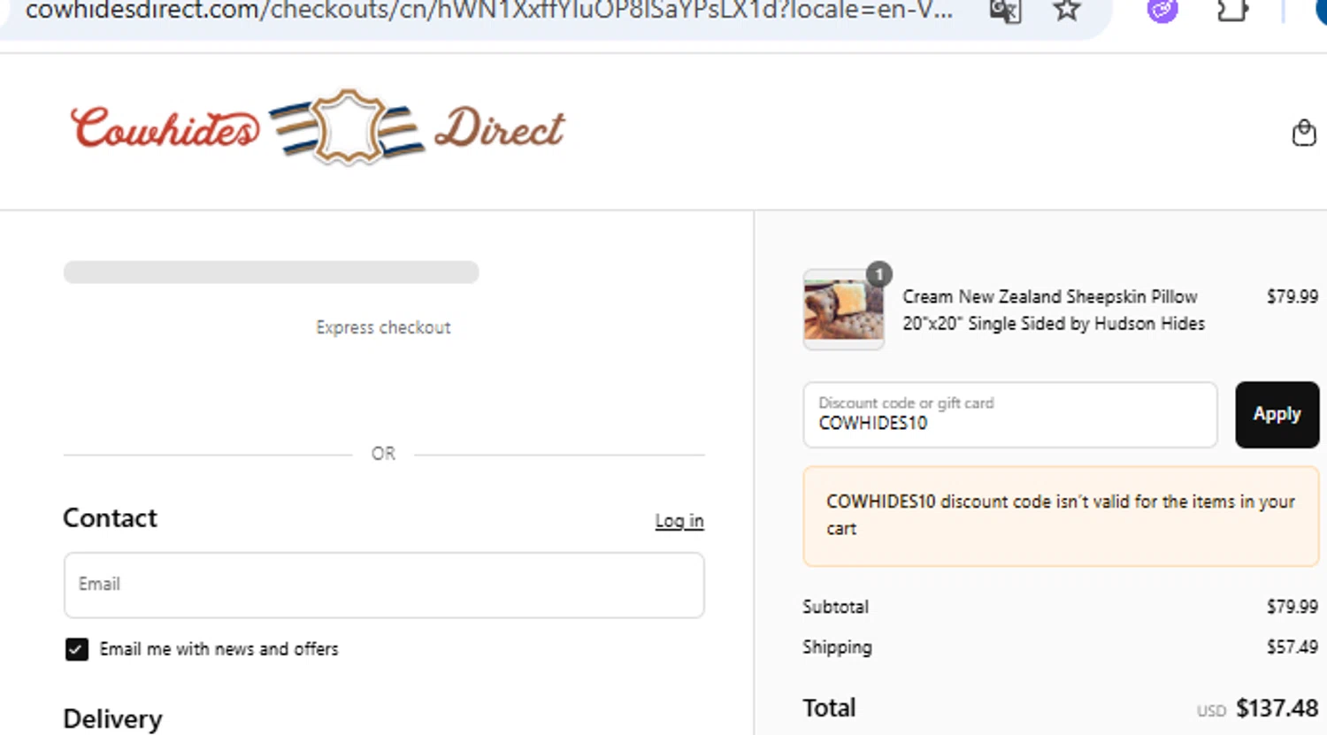 Cowhides Direct discount code screenshot showing code COWHIDES10 applied at Cowhides Direct checkout page. Uploaded by SimplyCodes community member PennyOwl2559 on Aug 8, 2025
