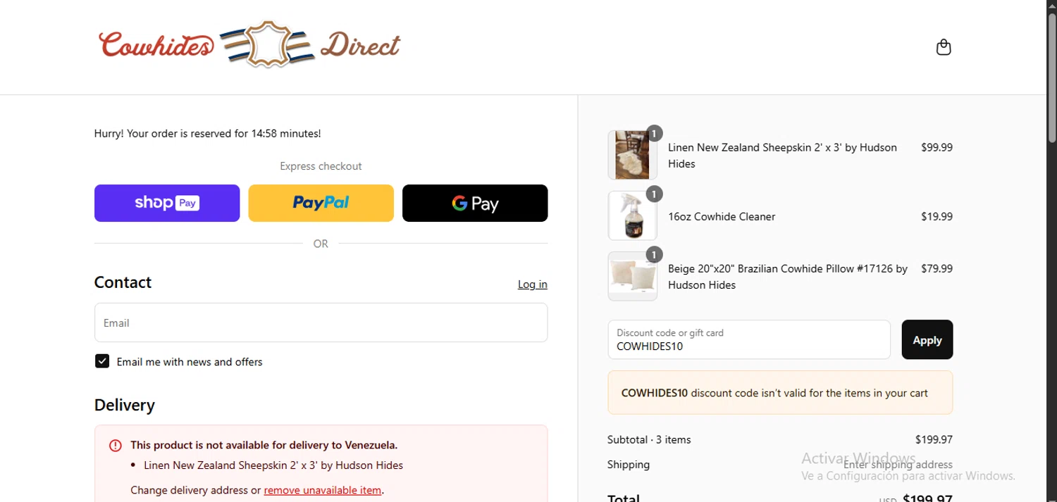 Cowhides Direct discount code screenshot showing code COWHIDES10 applied at Cowhides Direct checkout page. Uploaded by SimplyCodes community member SavvyAdmiral5612 on Jun 17, 2025
