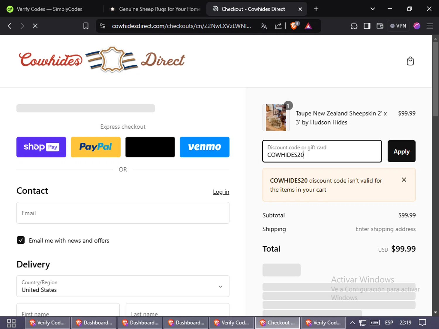 Cowhides Direct discount code screenshot showing code COWHIDES20 applied at Cowhides Direct checkout page. Uploaded by SimplyCodes community member Doomslayer on Jan 23, 2025
