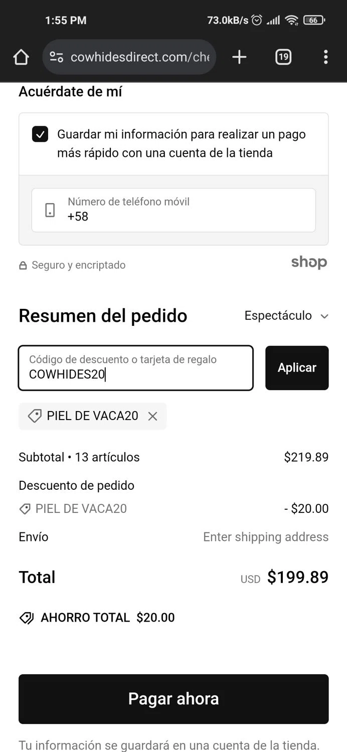 Cowhides Direct discount code screenshot showing code COWHIDES20 applied at Cowhides Direct checkout page. Uploaded by SimplyCodes community member CrownWizard2212 on Jan 26, 2025