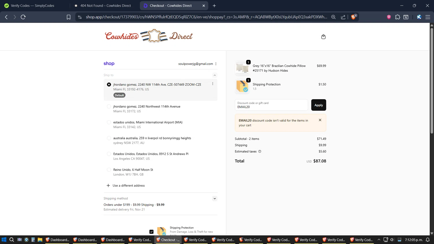 Cowhides Direct discount code screenshot showing code EMAIL20 applied at Cowhides Direct checkout page. Uploaded by SimplyCodes community member SoulPower on Nov 17, 2025