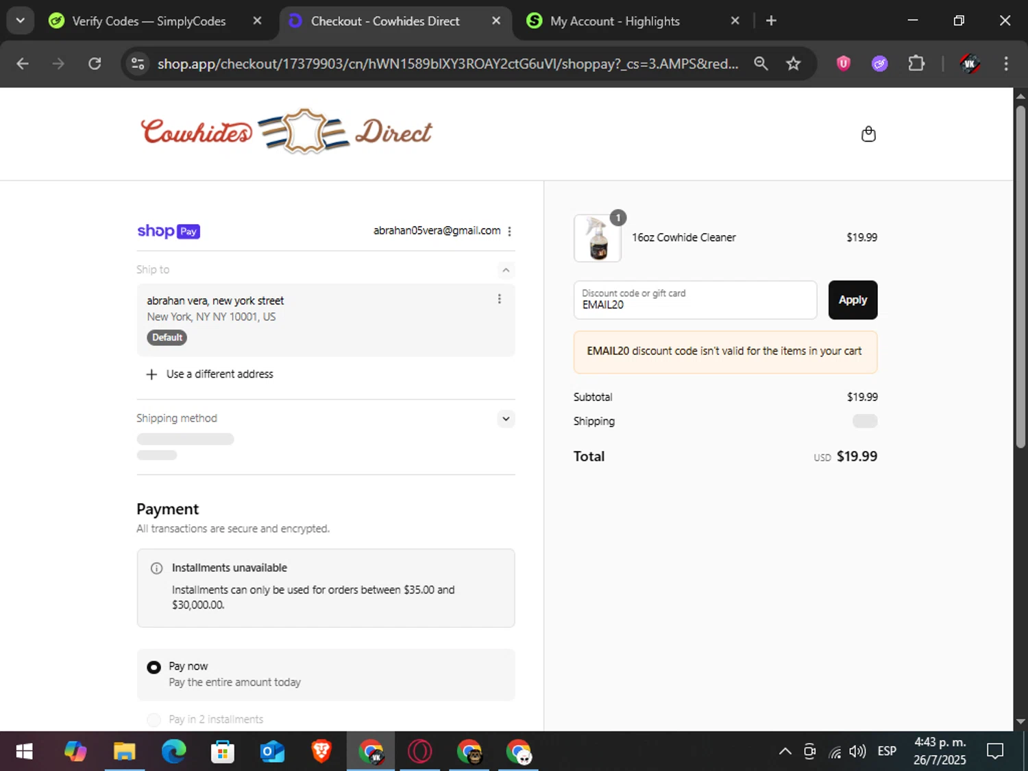 Cowhides Direct discount code screenshot showing code EMAIL20 applied at Cowhides Direct checkout page. Uploaded by SimplyCodes community member TreasureAdmiral6867 on Jul 26, 2025
