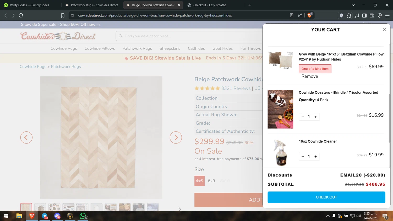 Cowhides Direct discount code screenshot showing code EMAIL20 applied at Cowhides Direct checkout page. Uploaded by SimplyCodes community member leonj9624 on Apr 24, 2025