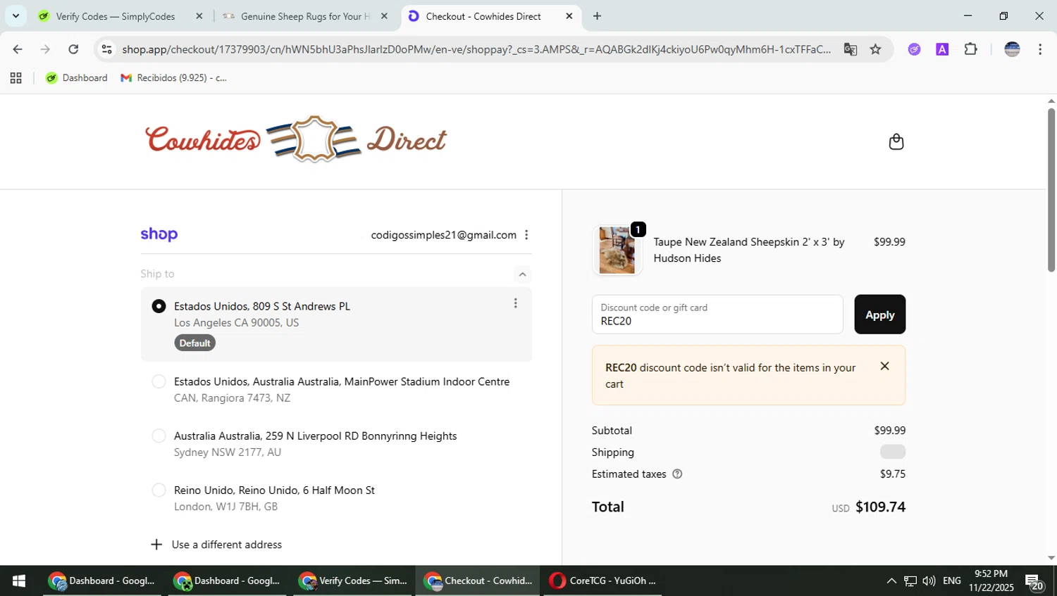 Cowhides Direct discount code screenshot showing code REC20 applied at Cowhides Direct checkout page. Uploaded by SimplyCodes community member TrevorPhilips on Nov 23, 2025