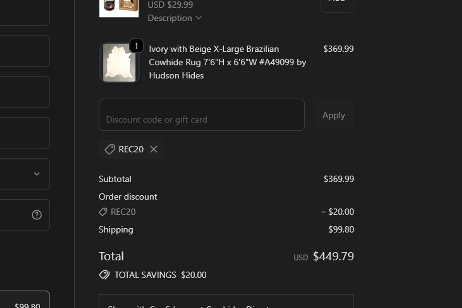 Cowhides Direct discount code screenshot showing code REC20 applied at Cowhides Direct checkout page. Uploaded by SimplyCodes community member xocelot44x on Dec 14, 2025
