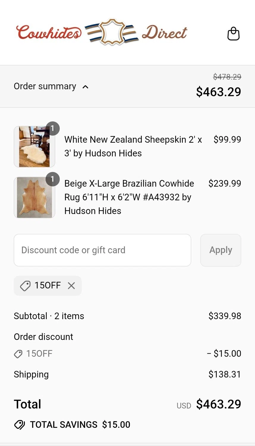 Cowhides Direct discount code screenshot showing code 15OFF applied at Cowhides Direct checkout page. Uploaded by SimplyCodes community member JuanMonge on Sep 14, 2025