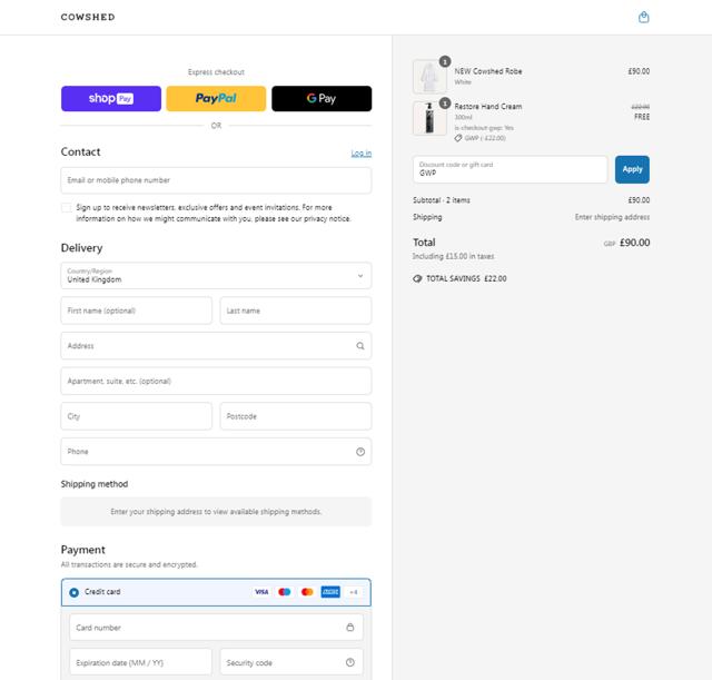 Cowshed checkout page showing Cowshed discount code box | Screenshot taken by SimplyCodes community member on Mar 21, 2025