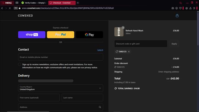 Cowshed checkout page showing Cowshed discount code box | Screenshot taken by SimplyCodes community member on Apr 24, 2025