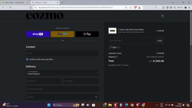 Cozmo checkout page showing Cozmo promo code box | Screenshot taken by SimplyCodes community member on Sep 6, 2024