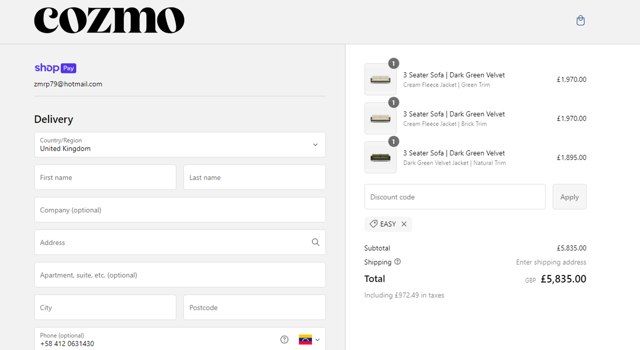 Cozmo checkout page showing Cozmo promo code box | Screenshot taken by SimplyCodes community member on Aug 8, 2024