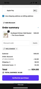 WELCOME60 coupon verification screenshot