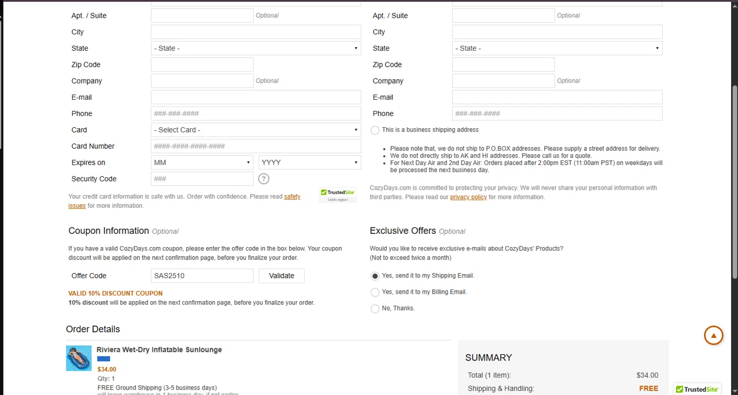 CozyDays coupon code screenshot showing code SAS2510 applied at CozyDays checkout page. Uploaded by SimplyCodes community member CouponHero3179 on Oct 13, 2025