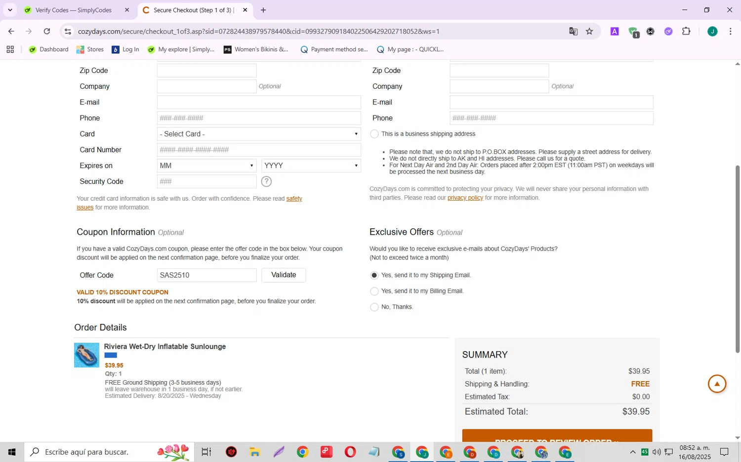 CozyDays coupon code screenshot showing code SAS2510 applied at CozyDays checkout page. Uploaded by SimplyCodes community member SarayH on Aug 16, 2025