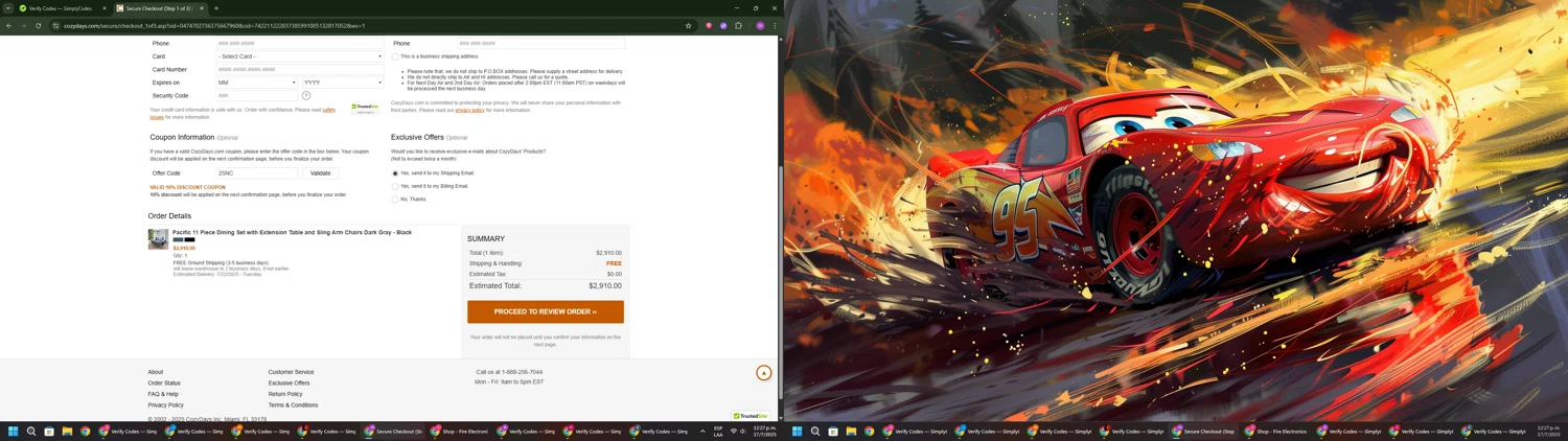 CozyDays coupon code screenshot showing code 25NC applied at CozyDays checkout page. Uploaded by SimplyCodes community member PennyWizard1195 on Jul 17, 2025