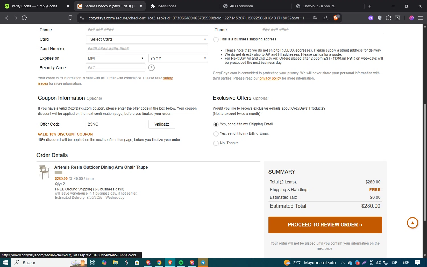 CozyDays coupon code screenshot showing code 25NC applied at CozyDays checkout page. Uploaded by SimplyCodes community member SmartSaver5858 on Aug 16, 2025