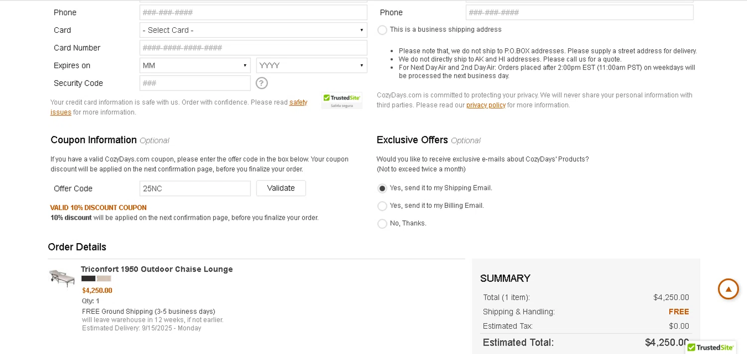 CozyDays coupon code screenshot showing code 25NC applied at CozyDays checkout page. Uploaded by SimplyCodes community member xHRxUltrax on Jun 18, 2025