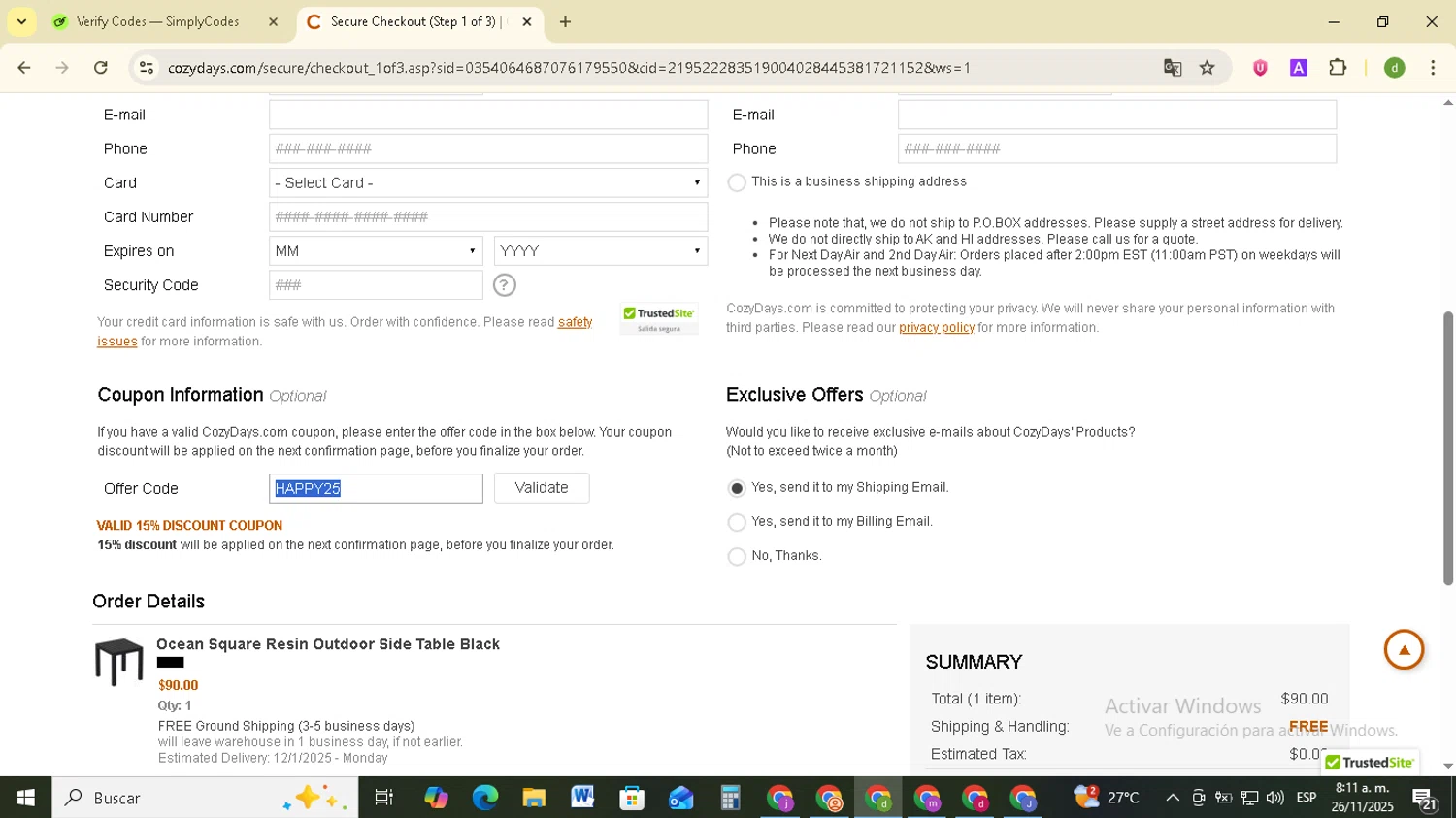 CozyDays coupon code screenshot showing code HAPPY25 applied at CozyDays checkout page. Uploaded by SimplyCodes community member SavingsSentinel833 on Nov 26, 2025