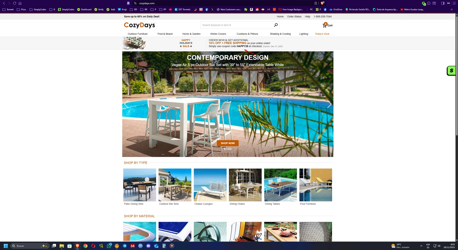 CozyDays coupon code screenshot showing code HAPPY25 applied at CozyDays checkout page. Uploaded by SimplyCodes community member UnkNownVnzla on Nov 26, 2025