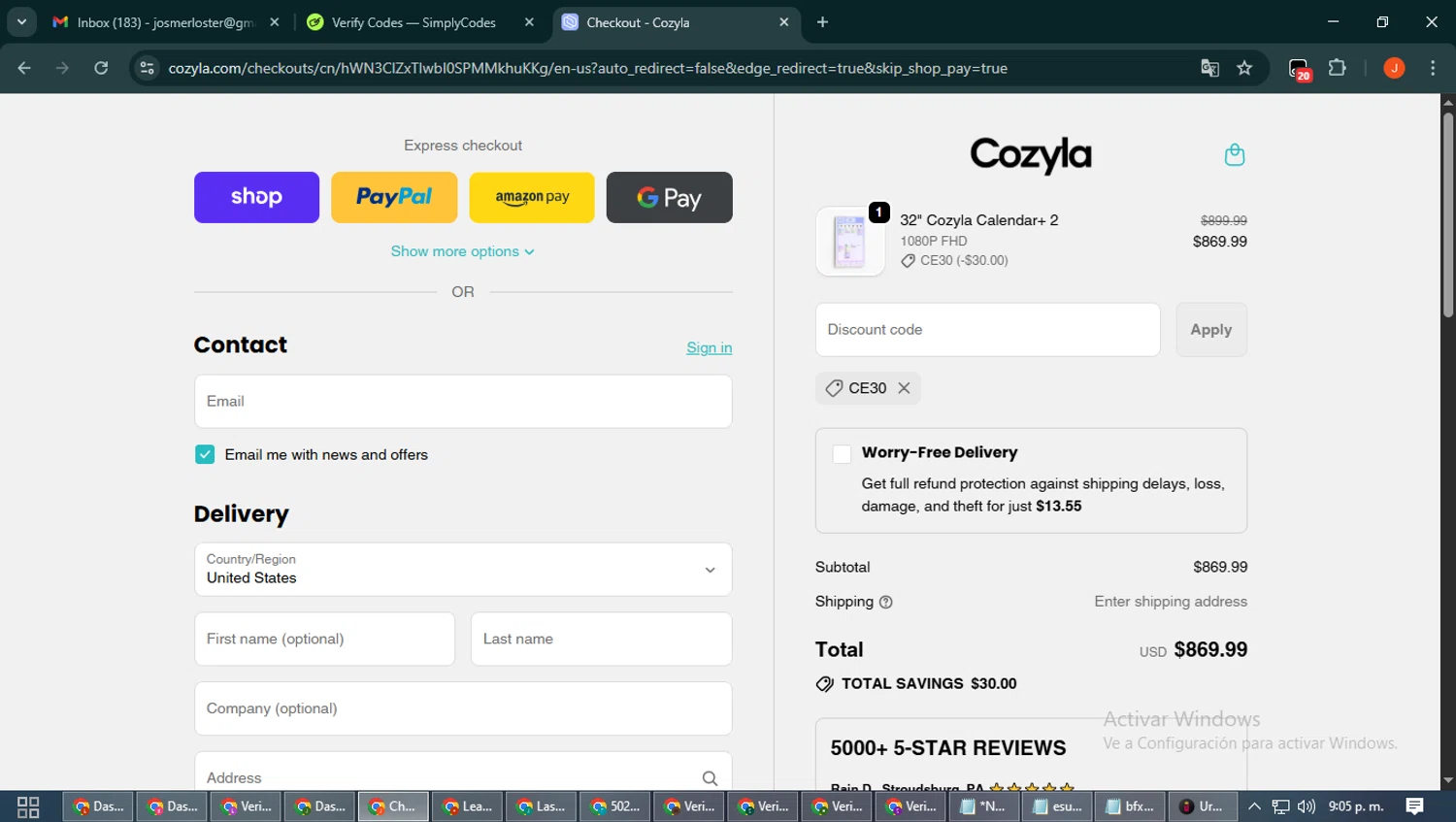 Cozyla discount code screenshot showing code CE30 applied at Cozyla checkout page. Uploaded by SimplyCodes community member NobleAce2304 on Sep 20, 2025