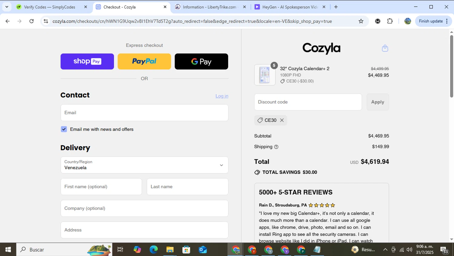 Cozyla discount code screenshot showing code CE30 applied at Cozyla checkout page. Uploaded by SimplyCodes community member RoyalHero6815 on Jul 31, 2025