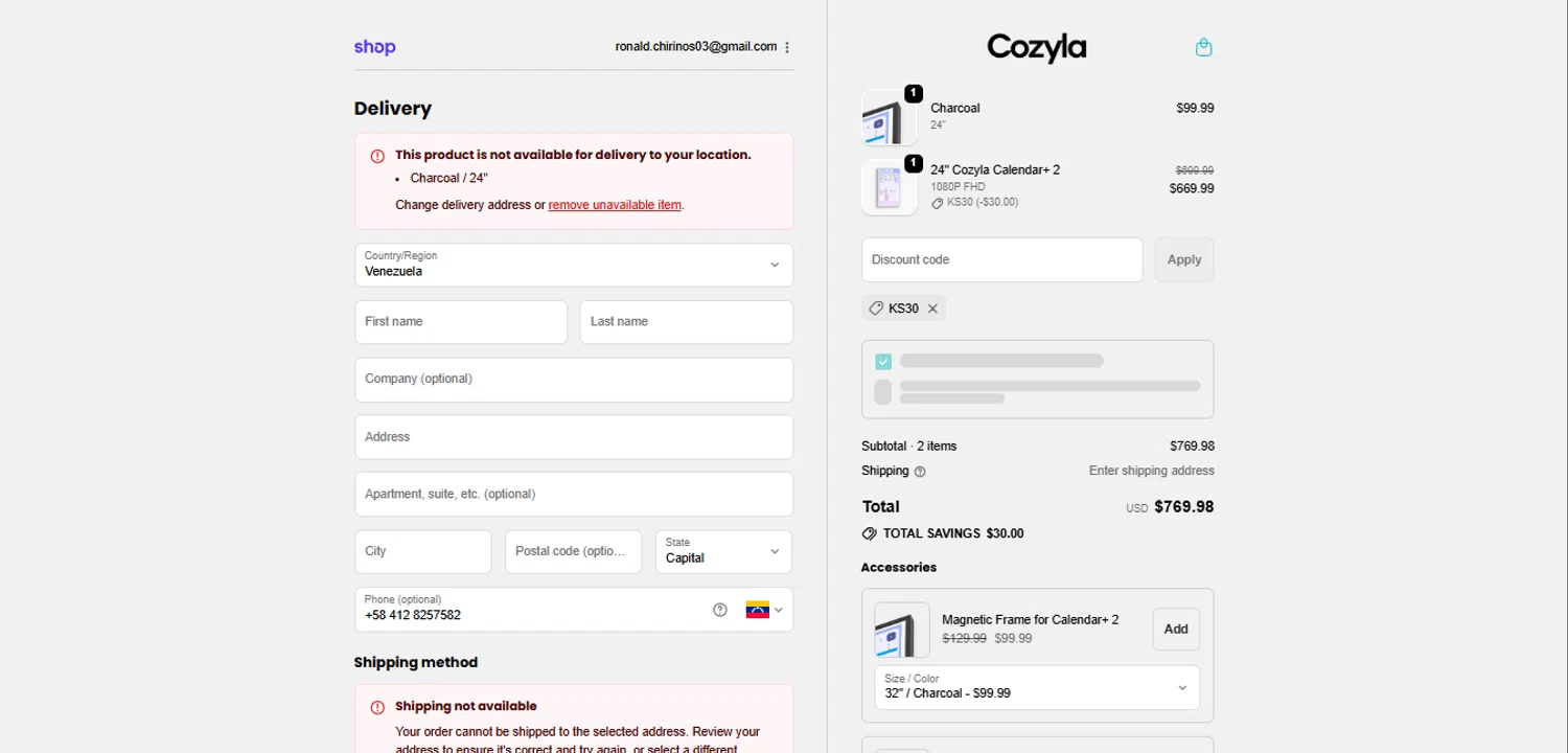 Cozyla discount code screenshot showing code KS30 applied at Cozyla checkout page. Uploaded by SimplyCodes community member Ronita_832988044 on Oct 27, 2025
