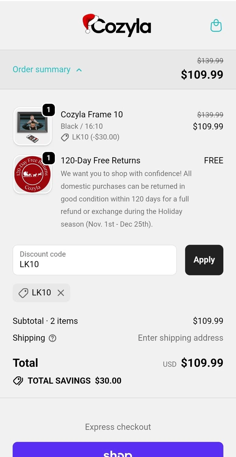 Cozyla discount code screenshot showing code LK10 applied at Cozyla checkout page. Uploaded by SimplyCodes community member JuanMonge on Dec 21, 2025