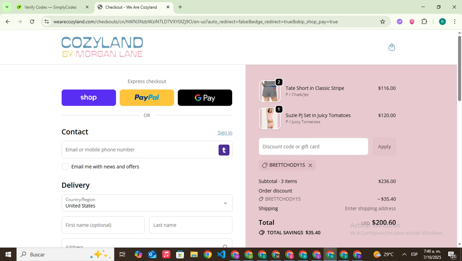 Cozyland discount code screenshot showing code brettchody15 applied at Cozyland checkout page. Uploaded by SimplyCodes community member SavingsLegend387 on Oct 7, 2025