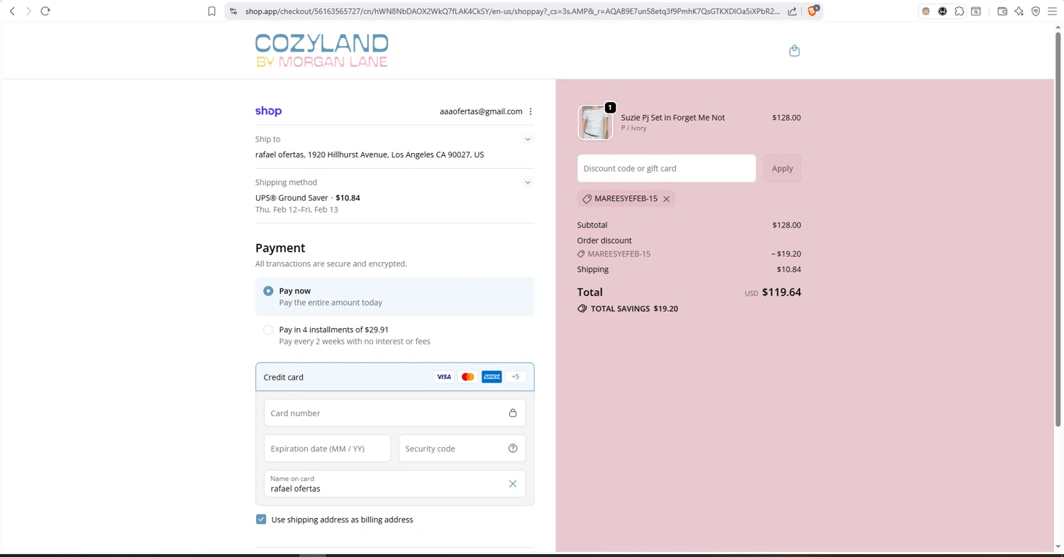 Cozyland checkout page showing Cozyland discount code box | Screenshot taken by SimplyCodes community member on Feb 4, 2026