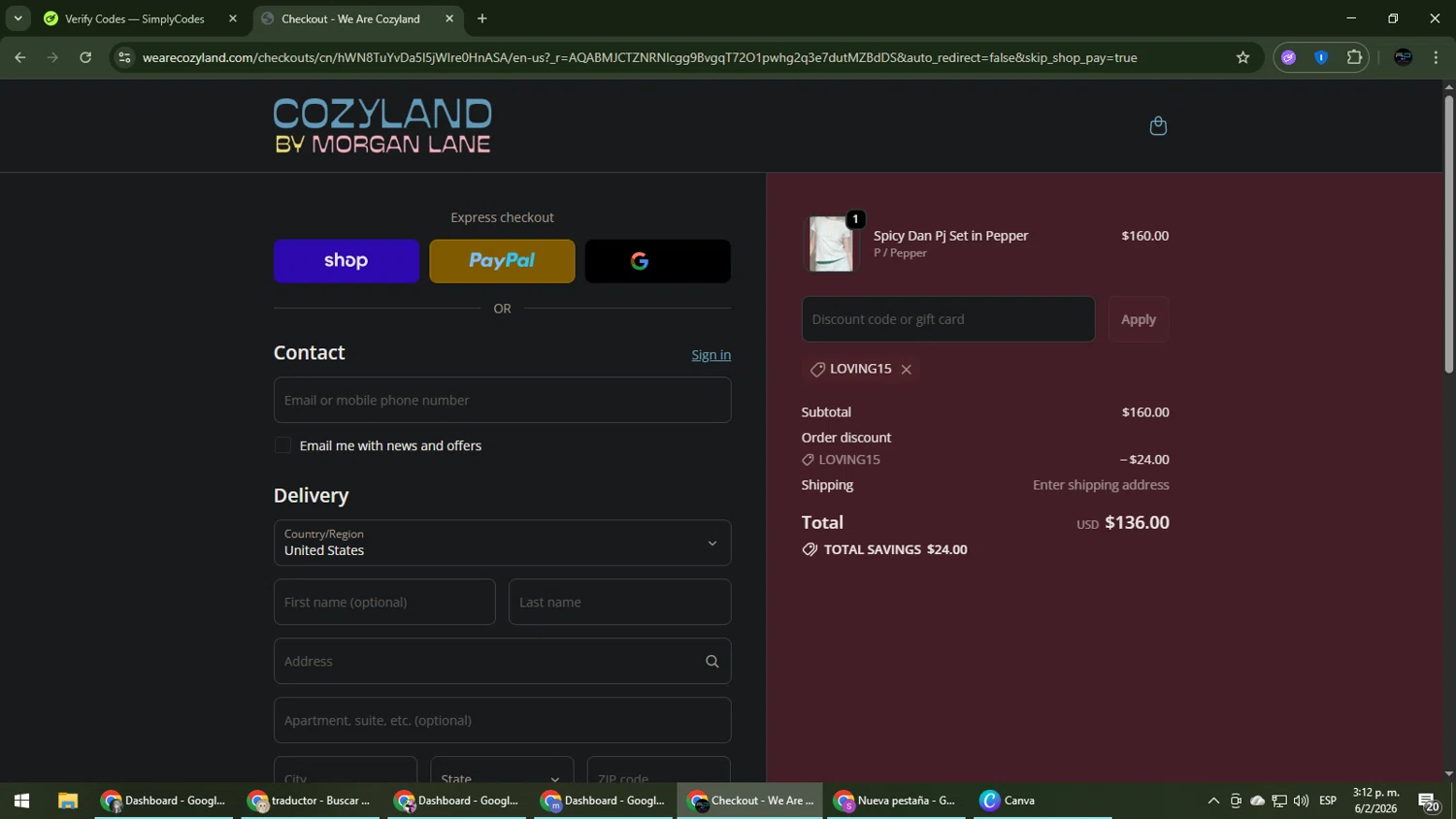 Cozyland promo code screenshot showing code LOVING15 applied at Cozyland checkout page. Uploaded by SimplyCodes community member CarmenVGR on Feb 6, 2026
