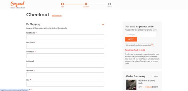 Cozymeal checkout page showing Cozymeal promo code box | Screenshot taken by SimplyCodes community member on Jan 31, 2025