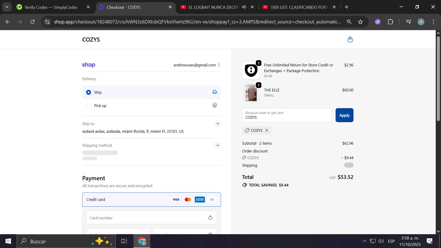 Cozys Blankets discount code screenshot showing code COZYS applied at Cozys Blankets checkout page. Uploaded by SimplyCodes community member Anderson on Oct 11, 2025
