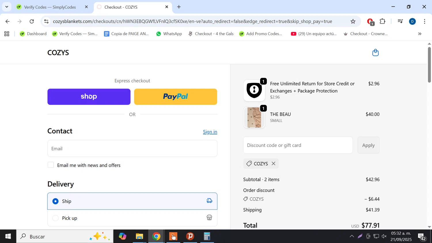 Cozys Blankets discount code screenshot showing code COZYS applied at Cozys Blankets checkout page. Uploaded by SimplyCodes community member danielgarcia1 on Sep 21, 2025