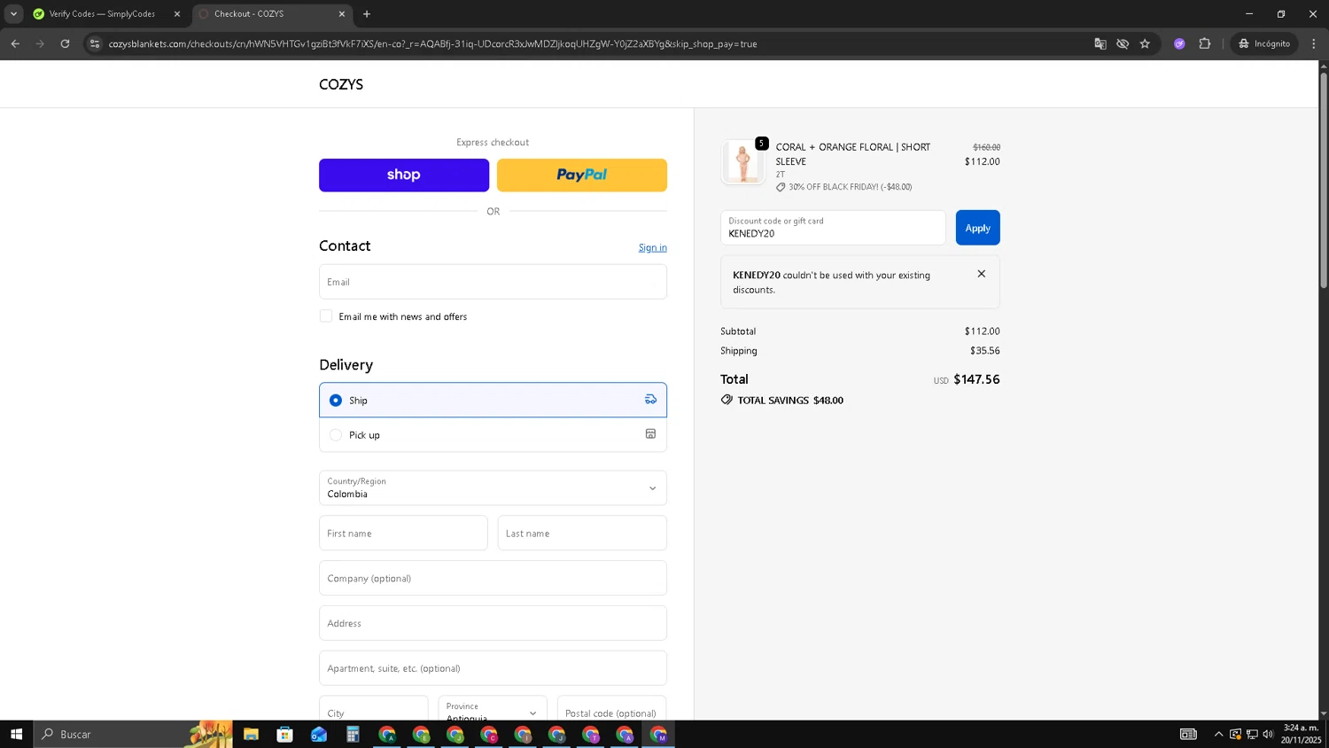 Cozys Blankets discount code screenshot showing code KENEDY20 applied at Cozys Blankets checkout page. Uploaded by SimplyCodes community member CRF250CC on Nov 20, 2025