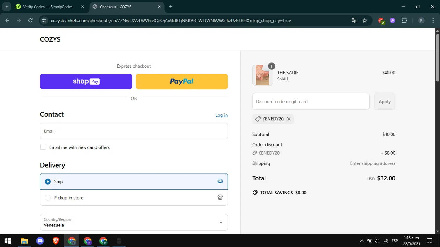 Cozys Blankets discount code screenshot showing code KENEDY20 applied at Cozys Blankets checkout page. Uploaded by SimplyCodes community member DealHawk3765 on May 28, 2025