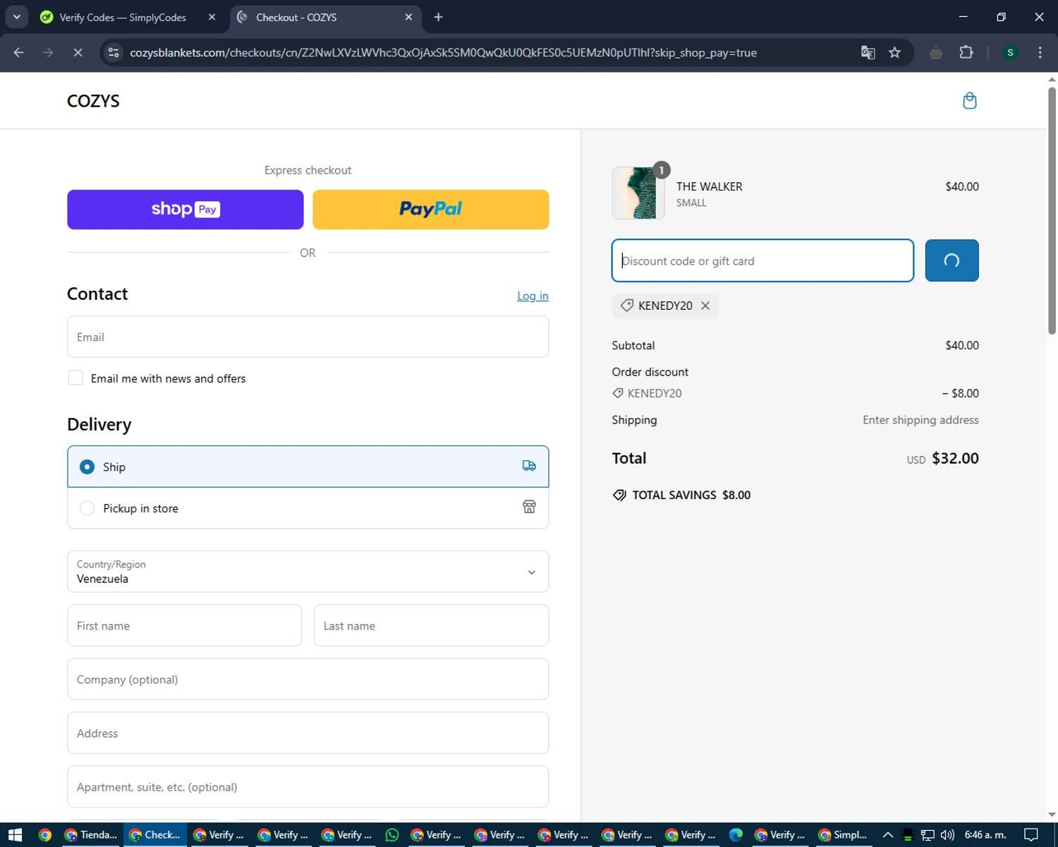 Cozys Blankets discount code screenshot showing code KENEDY20 applied at Cozys Blankets checkout page. Uploaded by SimplyCodes community member lilMosey on Mar 7, 2025
