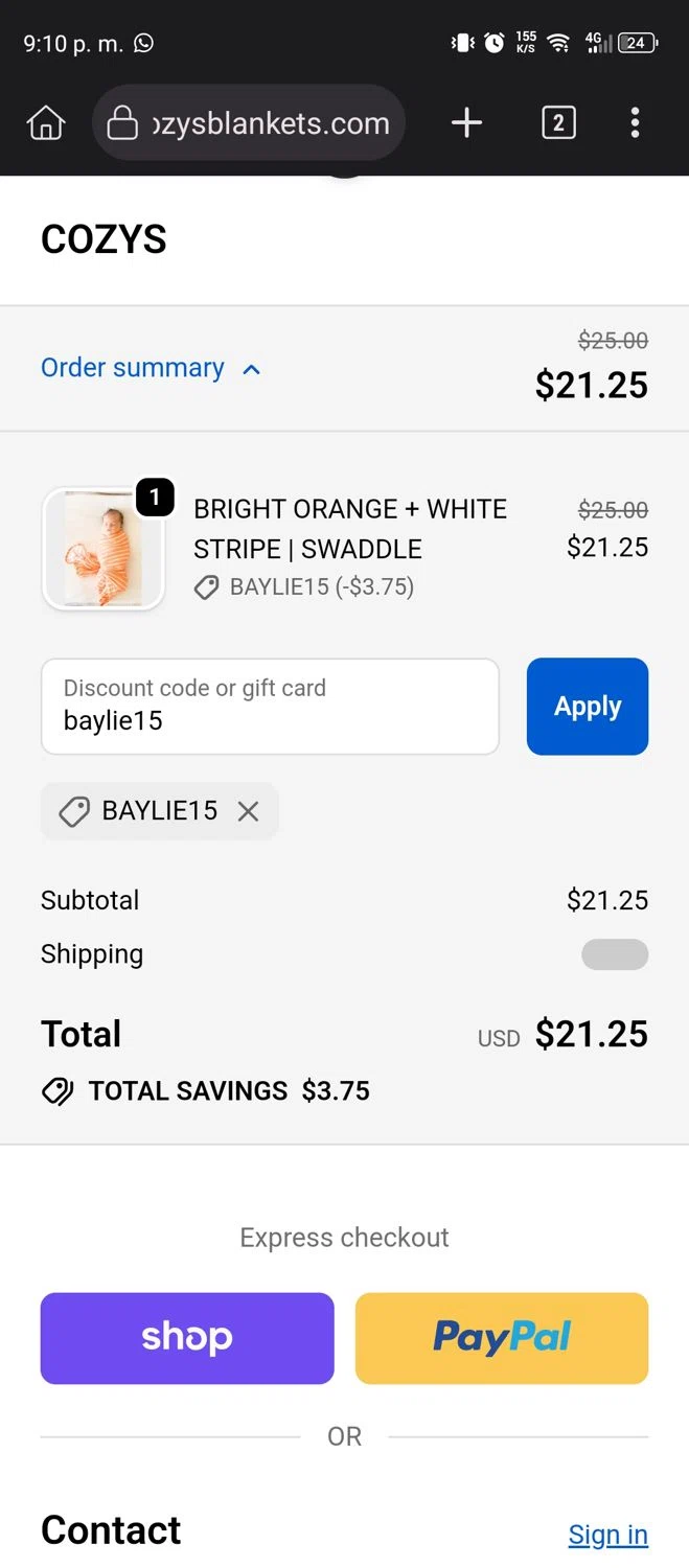 Cozys Blankets discount code screenshot showing code baylie15 applied at Cozys Blankets checkout page. Uploaded by SimplyCodes community member Diego_Soto on Jan 3, 2026
