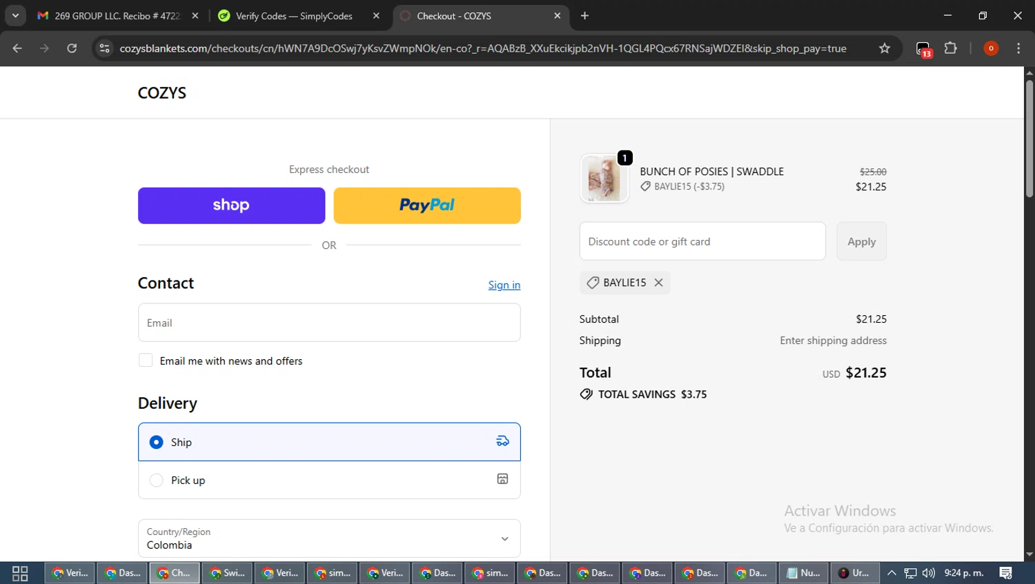 Cozys Blankets discount code screenshot showing code baylie15 applied at Cozys Blankets checkout page. Uploaded by SimplyCodes community member WiseTracker2171 on Jan 3, 2026