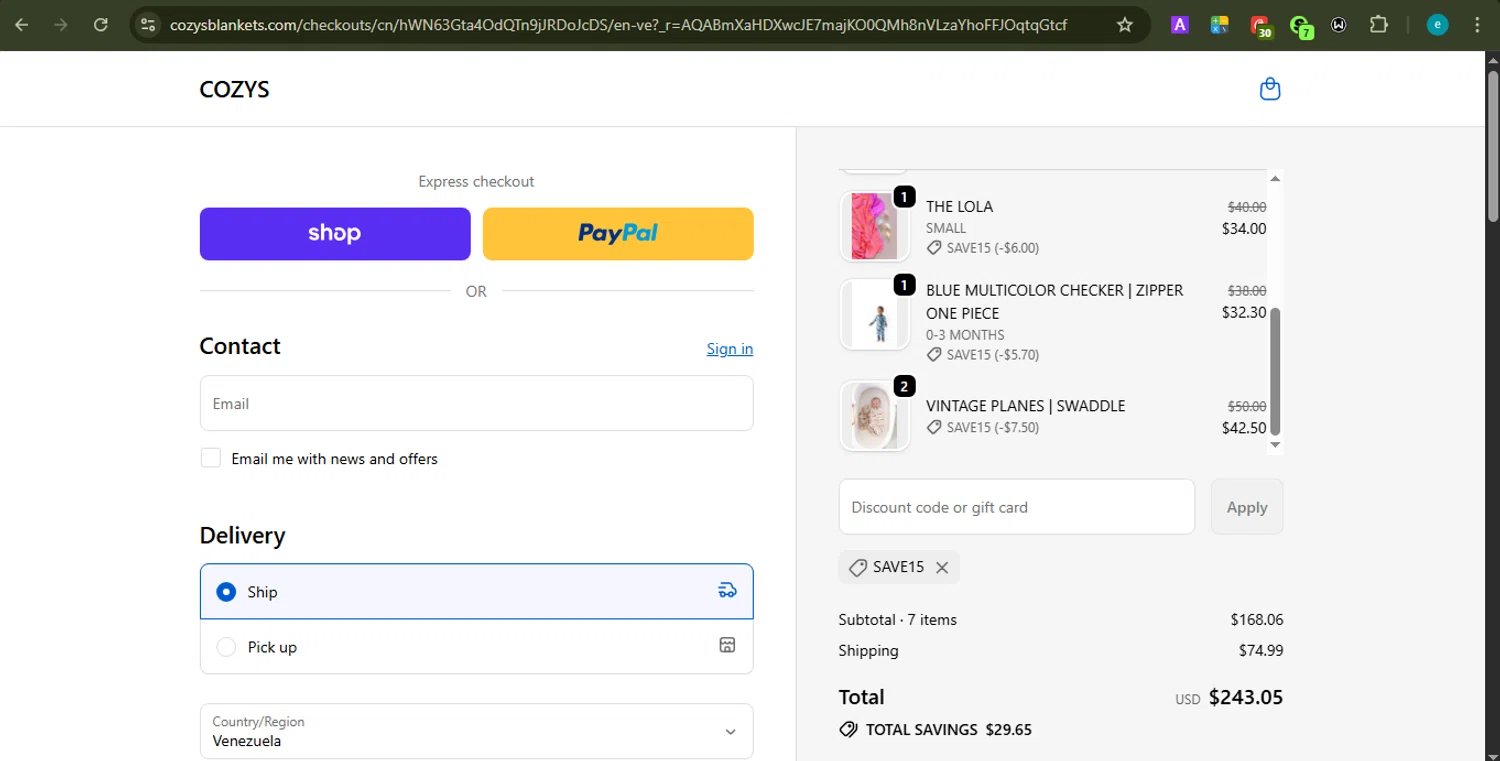Cozys Blankets discount code screenshot showing code SAVE15 applied at Cozys Blankets checkout page. Uploaded by SimplyCodes community member LOVECOUPON on Dec 4, 2025