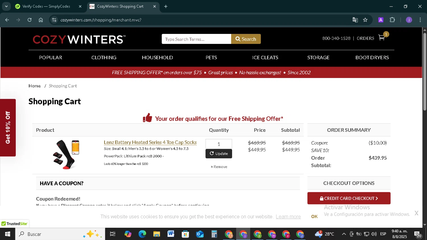 CozyWinters coupon code screenshot showing code SAVE10 applied at CozyWinters checkout page. Uploaded by SimplyCodes community member TAZ2024 on Aug 8, 2025