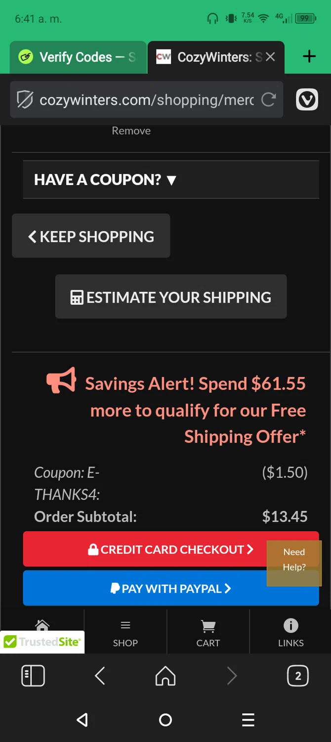 CozyWinters coupon code screenshot showing code E-THANKS4 applied at CozyWinters checkout page. Uploaded by SimplyCodes community member CleverLynx6871 on Jan 4, 2025