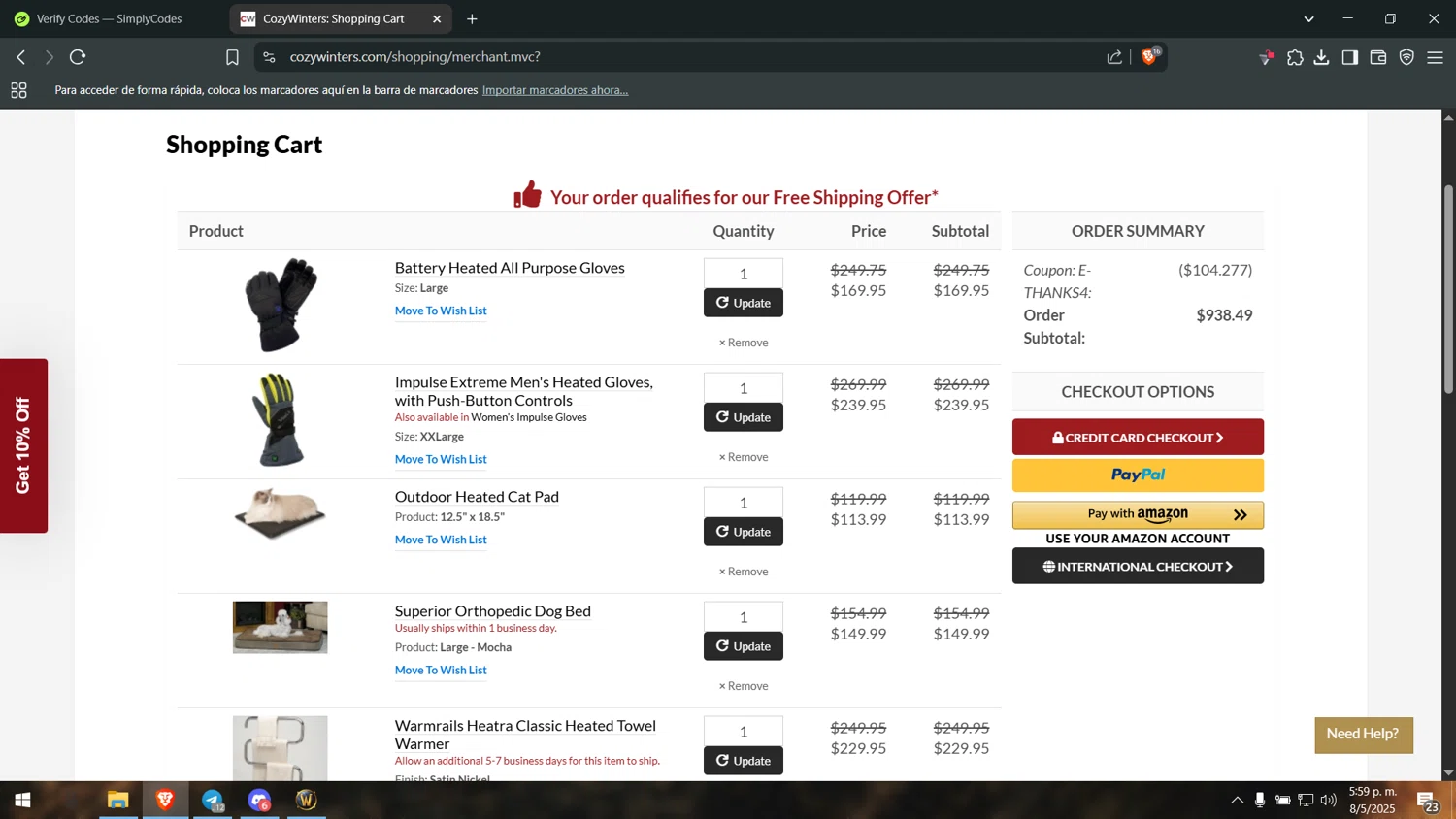 CozyWinters coupon code screenshot showing code E-THANKS4 applied at CozyWinters checkout page. Uploaded by SimplyCodes community member leonj9624 on May 8, 2025