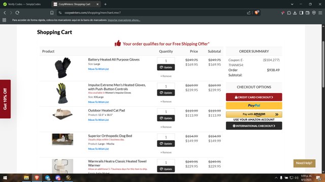 CozyWinters checkout page showing CozyWinters coupon code box | Screenshot taken by SimplyCodes community member on May 8, 2025
