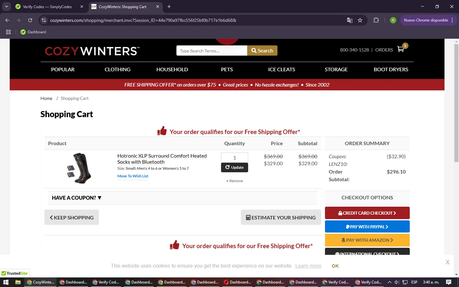 CozyWinters coupon code screenshot showing code LENZ10 applied at CozyWinters checkout page. Uploaded by SimplyCodes community member CouponRanger9482 on Feb 25, 2025