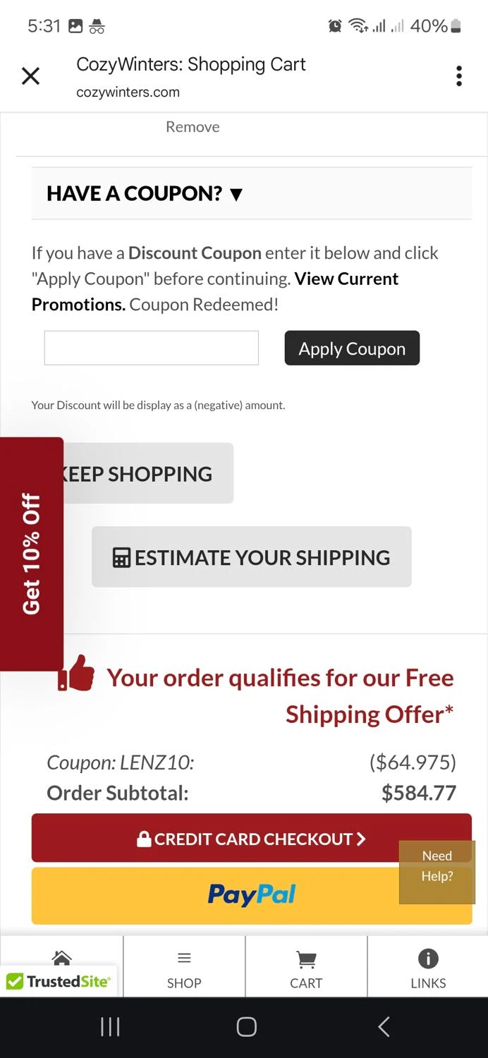 CozyWinters coupon code screenshot showing code LENZ10 applied at CozyWinters checkout page. Uploaded by SimplyCodes community member ronyacosta on May 8, 2025