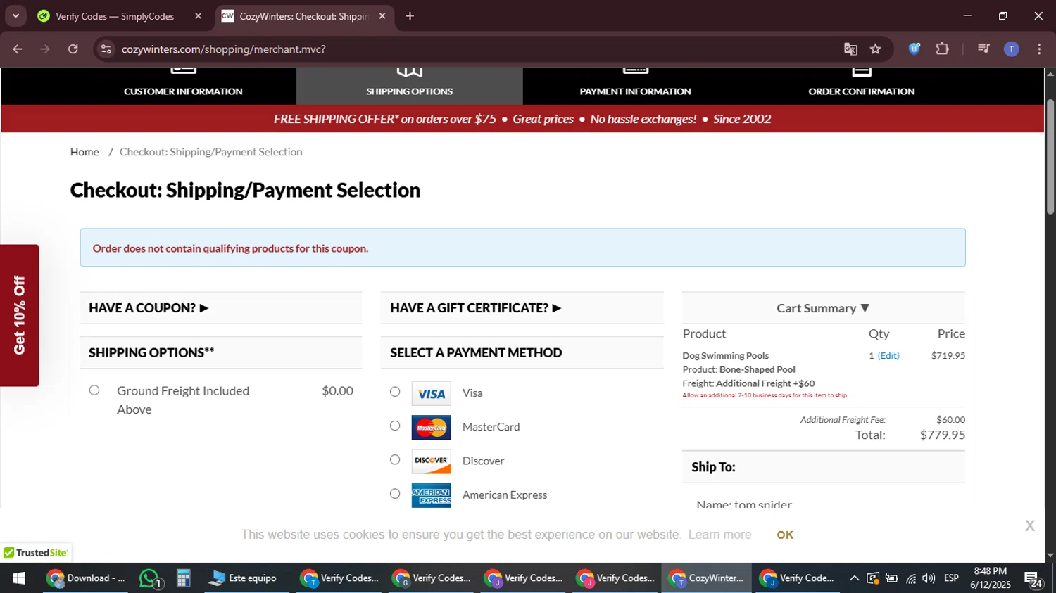 CozyWinters coupon code screenshot showing code WELCOME10 applied at CozyWinters checkout page. Uploaded by SimplyCodes community member snidertom8 on Jun 13, 2025