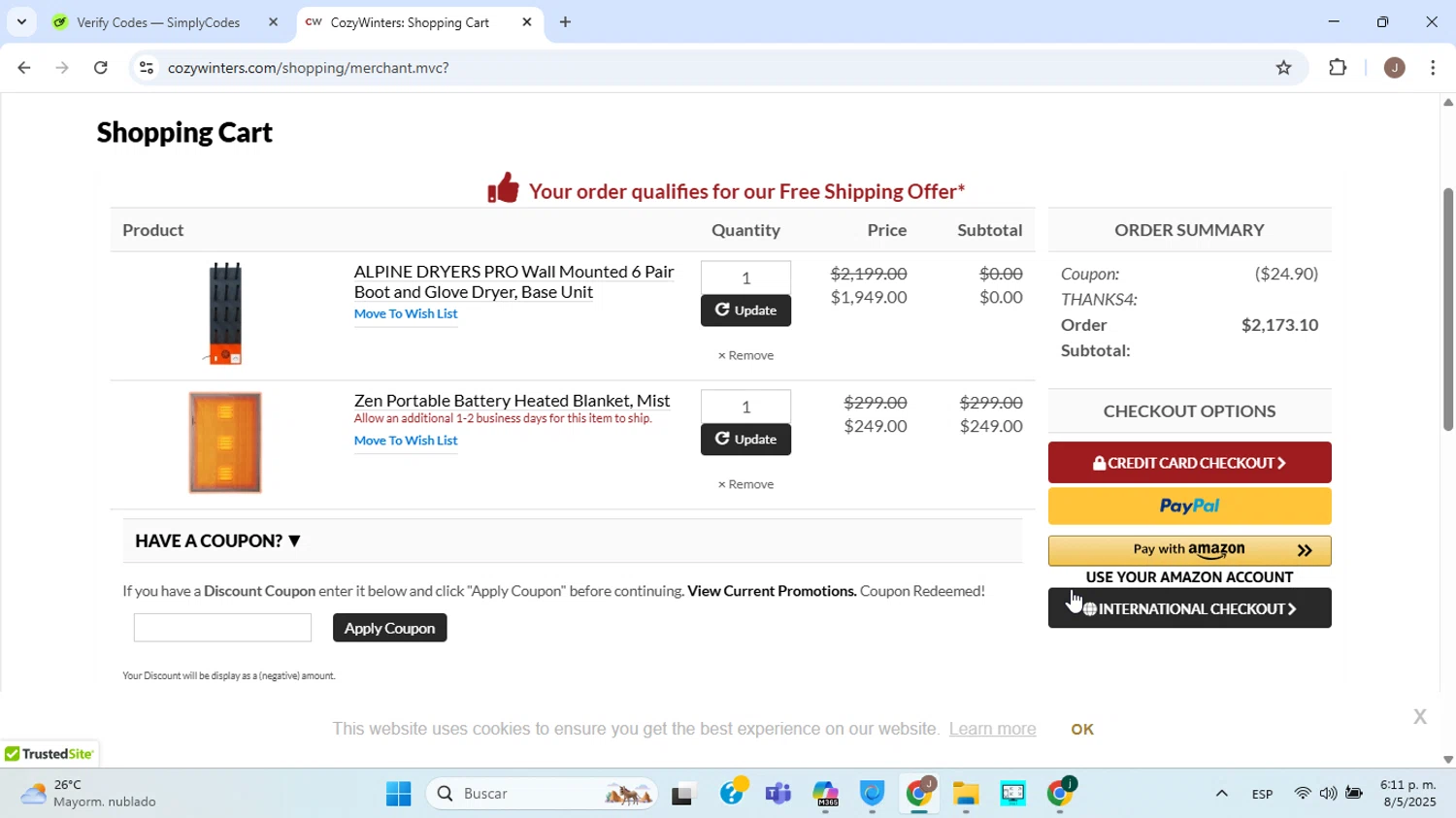 CozyWinters coupon code screenshot showing code THANKS4 applied at CozyWinters checkout page. Uploaded by SimplyCodes community member ABHF23 on May 8, 2025