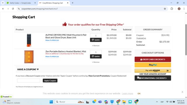 CozyWinters checkout page showing CozyWinters coupon code box | Screenshot taken by SimplyCodes community member on May 8, 2025