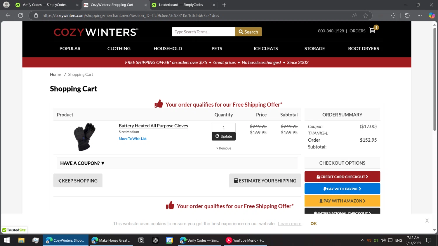 CozyWinters coupon code screenshot showing code THANKS4 applied at CozyWinters checkout page. Uploaded by SimplyCodes community member BorgeZzz on Feb 14, 2025