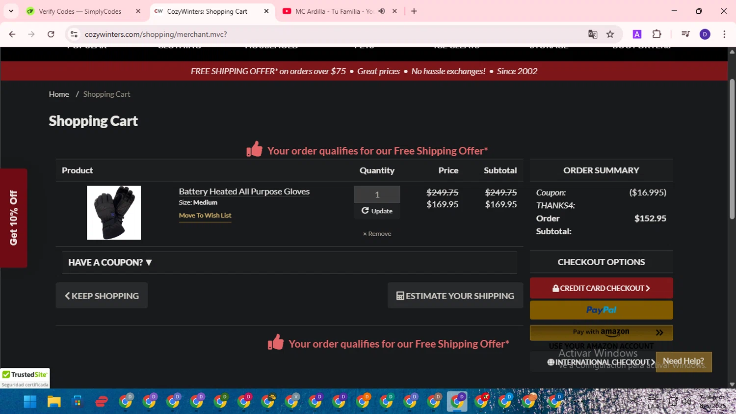 CozyWinters coupon code screenshot showing code THANKS4 applied at CozyWinters checkout page. Uploaded by SimplyCodes community member WonderLion2890 on May 8, 2025
